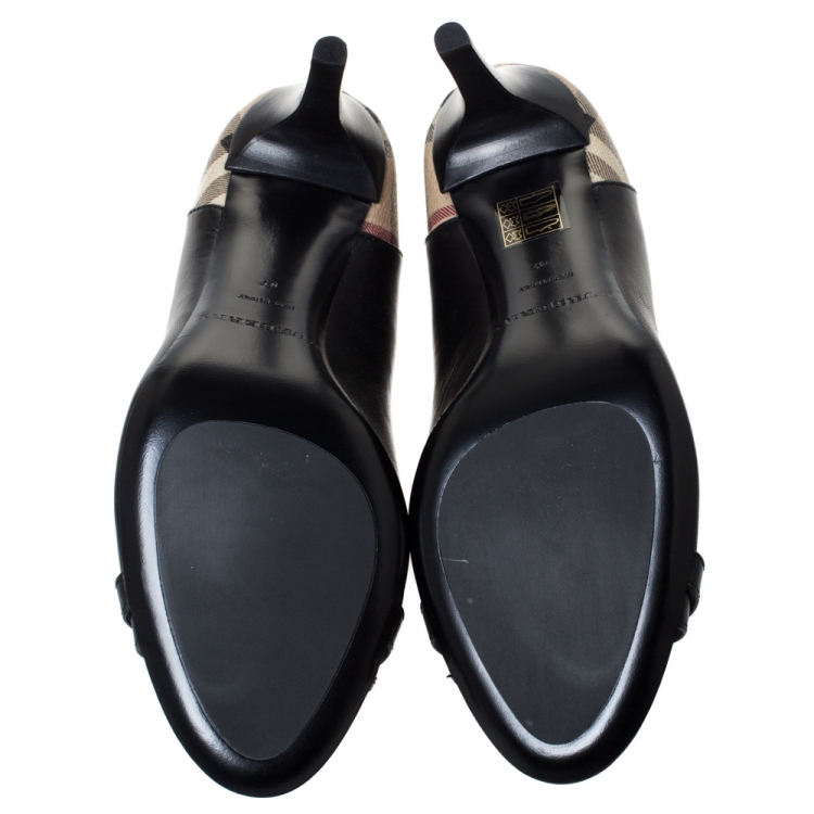 Pre Owned Burberry Black Leather And Nova Check Canvas Bayning Open Toe Pumps Size 37