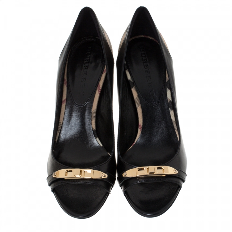 Pre Owned Burberry Black Leather And Nova Check Canvas Bayning Open Toe Pumps Size 37