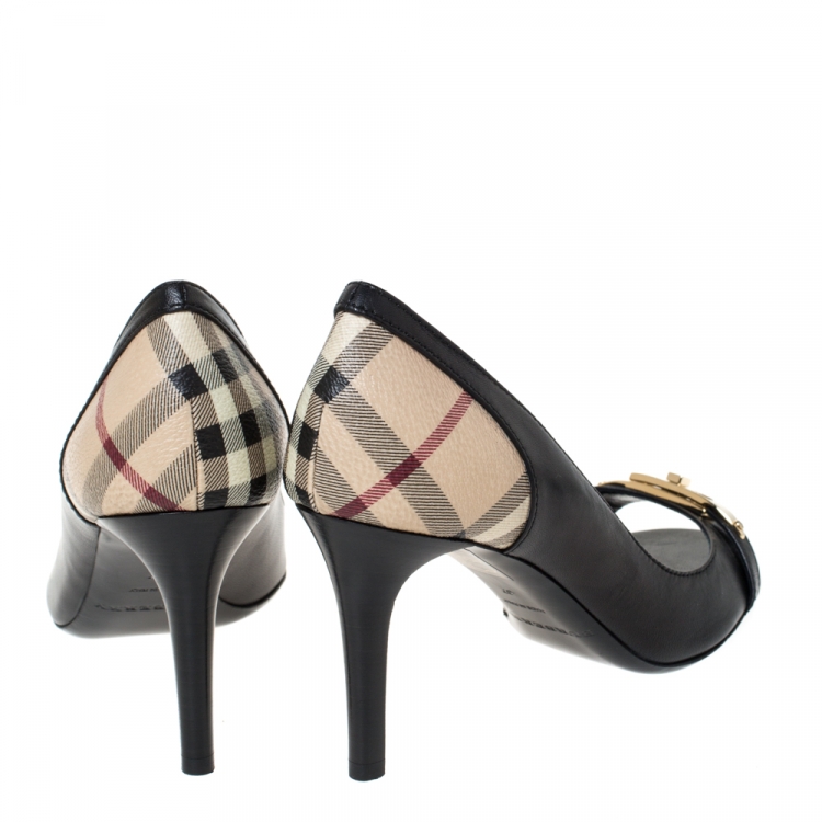 Pre Owned Burberry Black Leather And Nova Check Canvas Bayning Open Toe Pumps Size 37