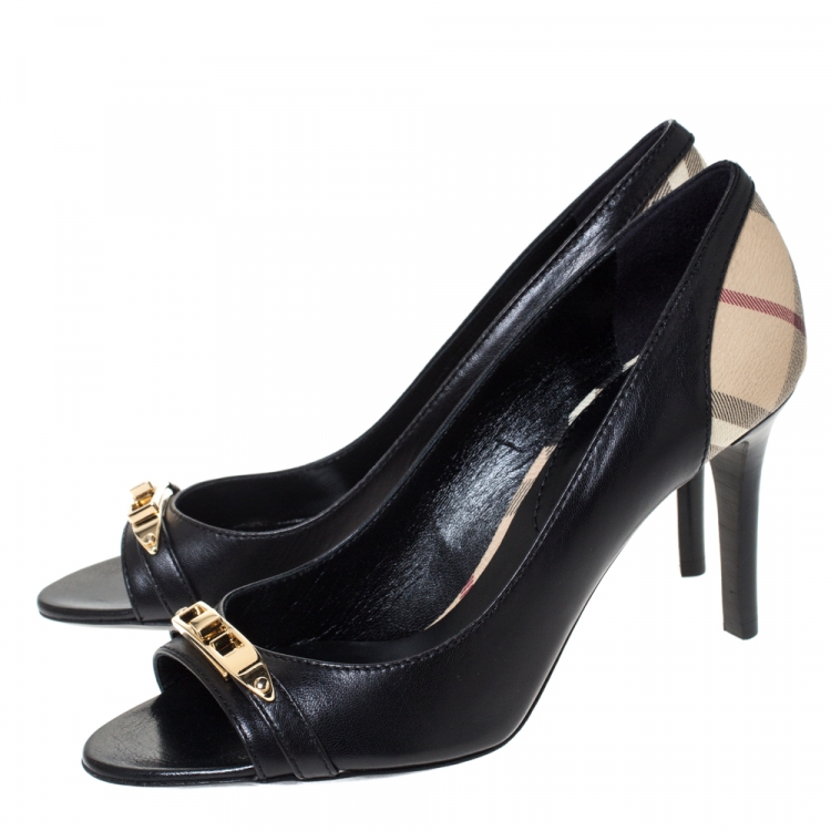 Pre Owned Burberry Black Leather And Nova Check Canvas Bayning Open Toe Pumps Size 37