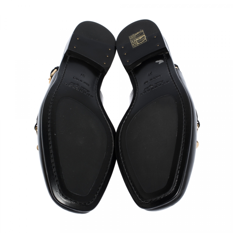 Pre Owned Burberry Black Leather ChelTown Chain Detail Slingback Loafer Sandals Size 37