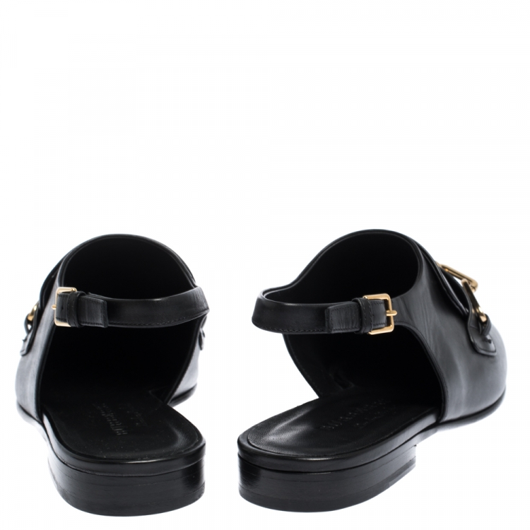 Pre Owned Burberry Black Leather ChelTown Chain Detail Slingback Loafer Sandals Size 37