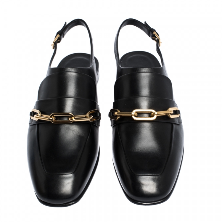 Pre Owned Burberry Black Leather ChelTown Chain Detail Slingback Loafer Sandals Size 37