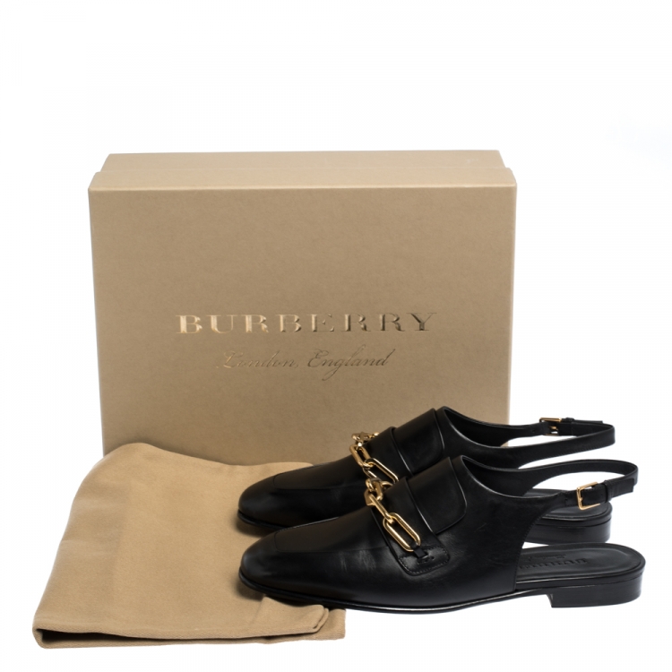 Pre Owned Burberry Black Leather ChelTown Chain Detail Slingback Loafer Sandals Size 37