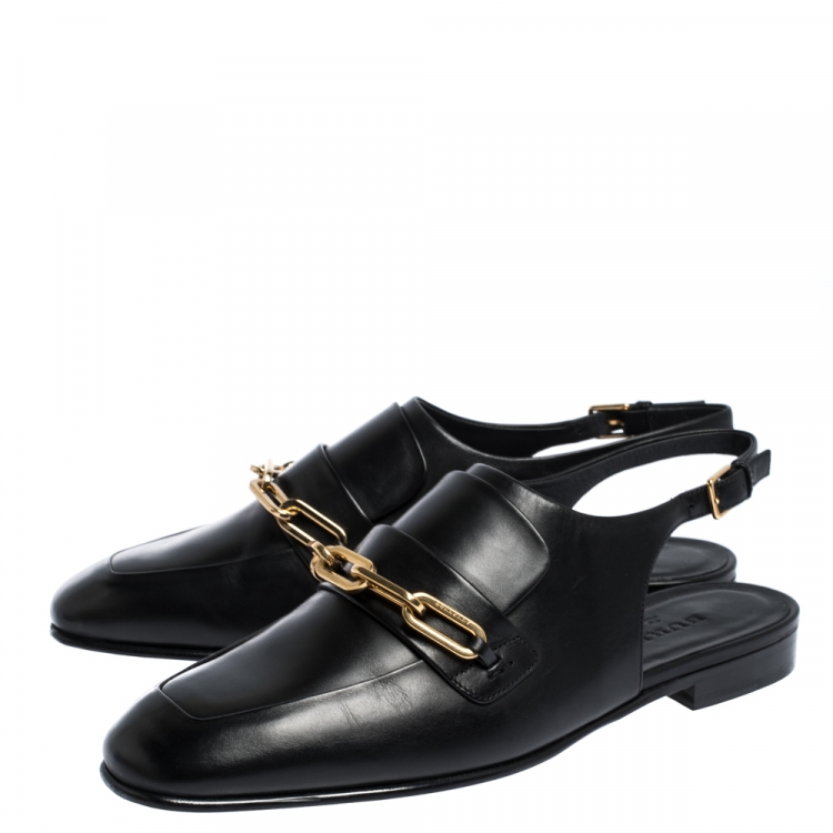 Pre Owned Burberry Black Leather ChelTown Chain Detail Slingback Loafer Sandals Size 37