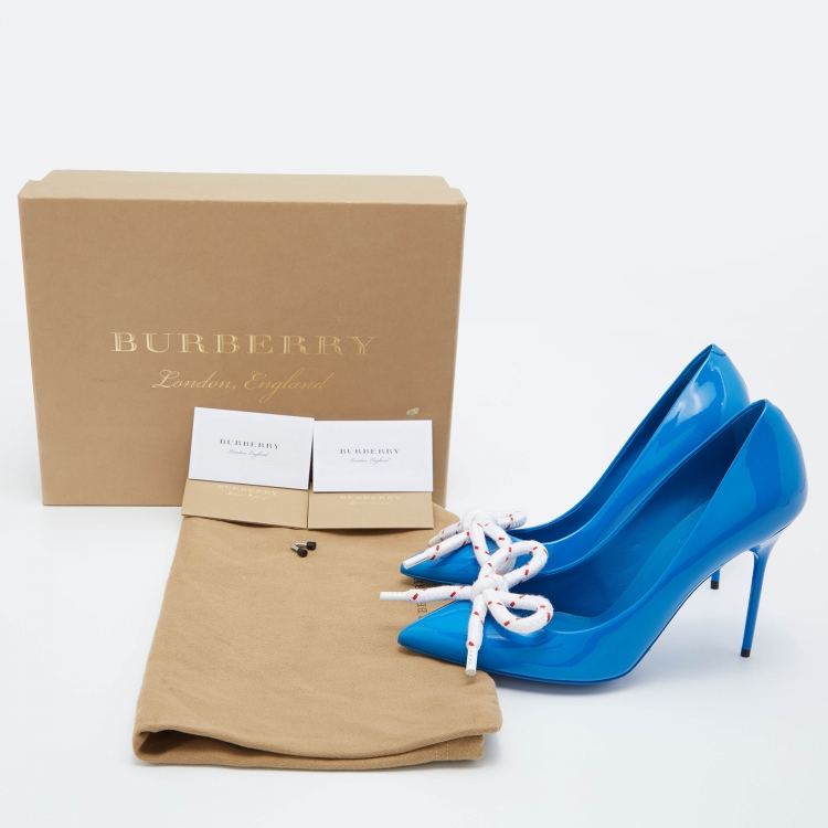 Pre Owned Burberry Blue Patent Leather Finsbury Bow Pointed Toe Pumps Size 37