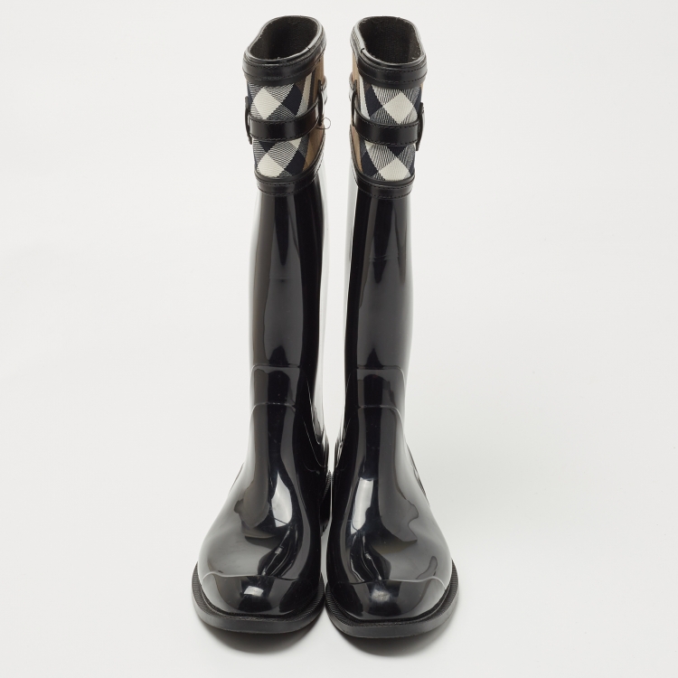 Pre Owned Burberry Black Leather and House Check Canvas  Crosshill Rain Boots Size 39