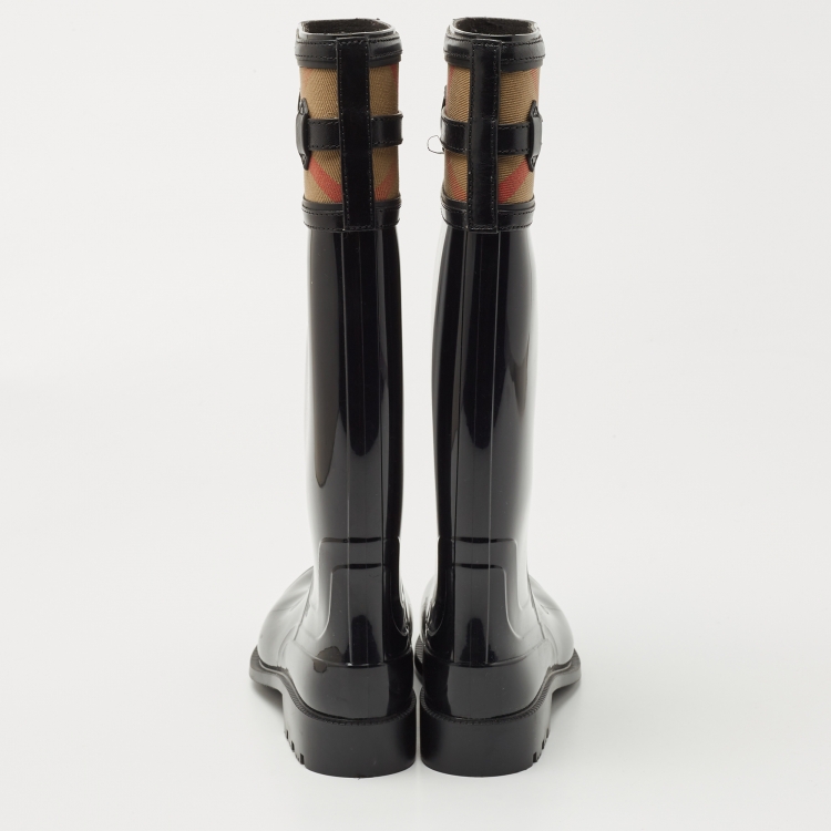 Pre Owned Burberry Black Leather and House Check Canvas  Crosshill Rain Boots Size 39