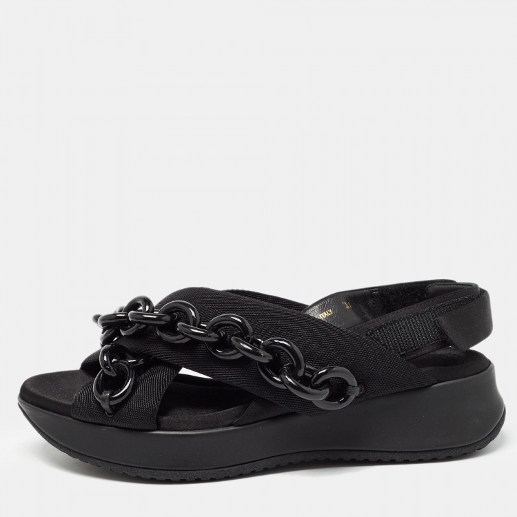 Pre Owned Burberry Black Fabric Chain Detail Flat Sandals Size 37