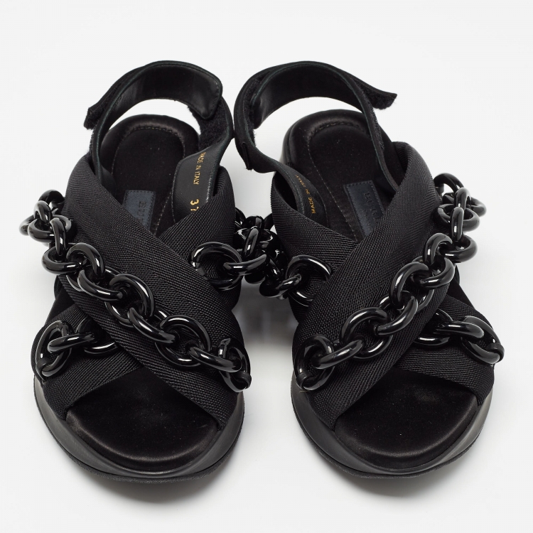 Pre Owned Burberry Black Fabric Chain Detail Flat Sandals Size 37