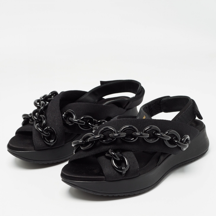 Pre Owned Burberry Black Fabric Chain Detail Flat Sandals Size 37