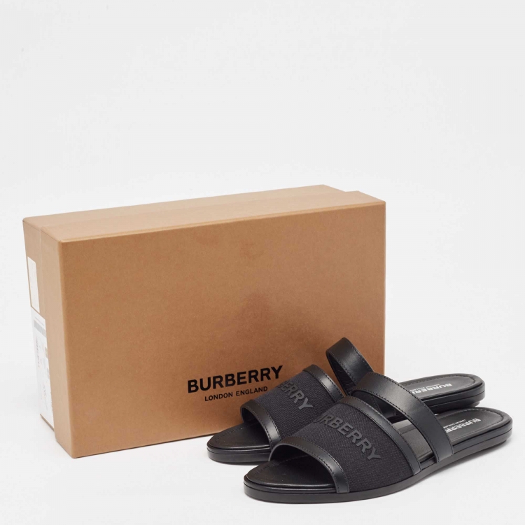 Pre Owned Burberry Black Leather and Canvas Honour Flat Sandals Size 38