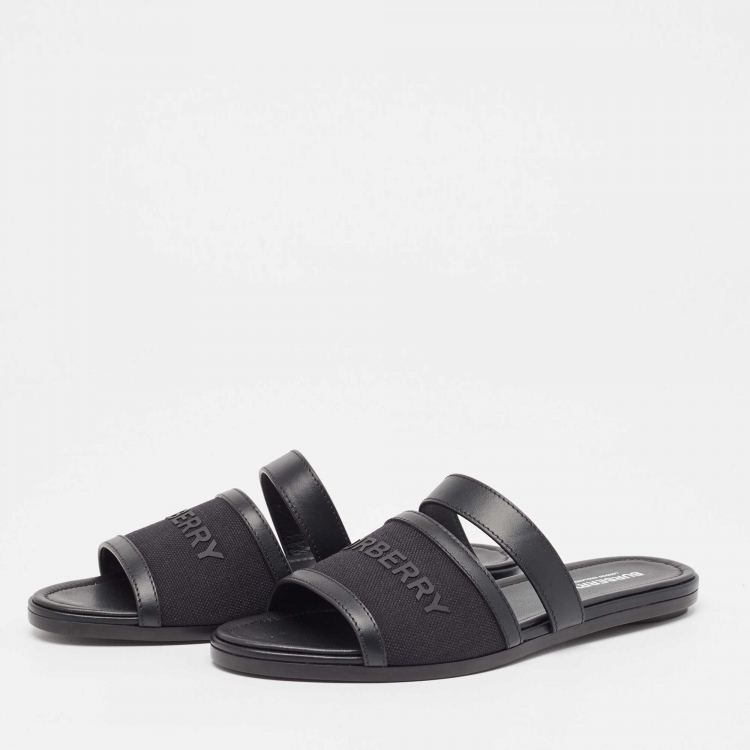Pre Owned Burberry Black Leather and Canvas Honour Flat Sandals Size 38