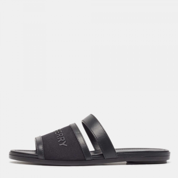 Pre Owned Burberry Black Leather and Canvas Honour Flat Sandals Size 38