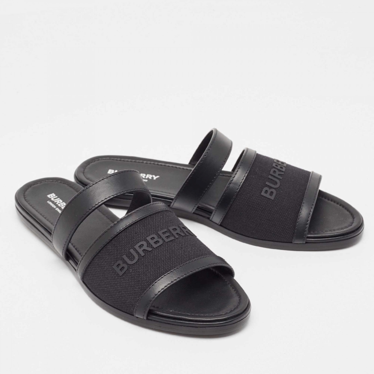 Pre Owned Burberry Black Leather and Canvas Honour Flat Sandals Size 38
