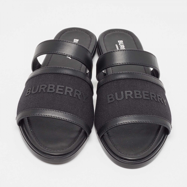 Pre Owned Burberry Black Leather and Canvas Honour Flat Sandals Size 38