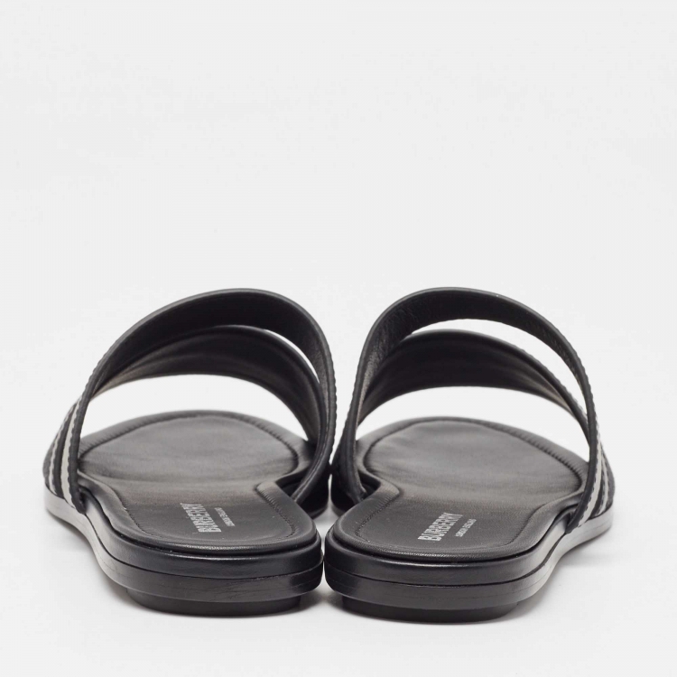 Pre Owned Burberry Black Leather and Canvas Honour Flat Sandals Size 38