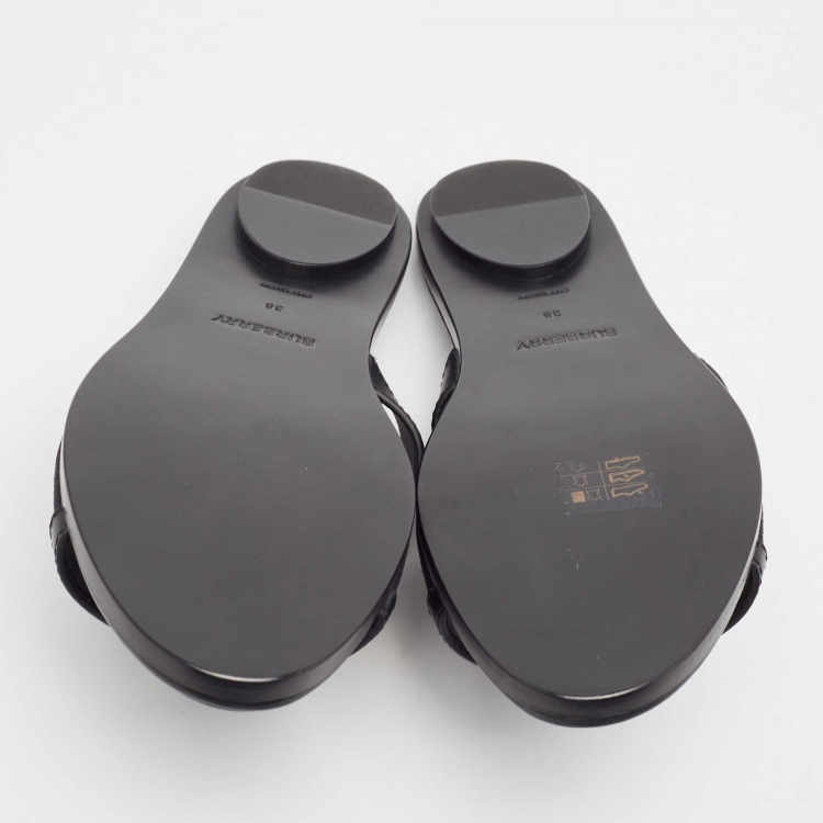 Pre Owned Burberry Black Leather and Canvas Honour Flat Sandals Size 38