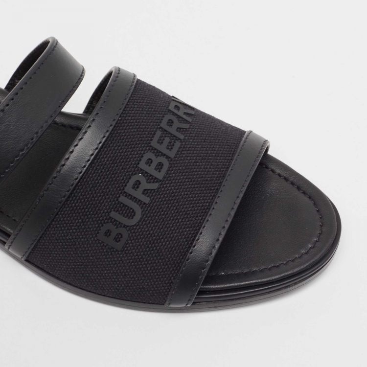 Pre Owned Burberry Black Leather and Canvas Honour Flat Sandals Size 38