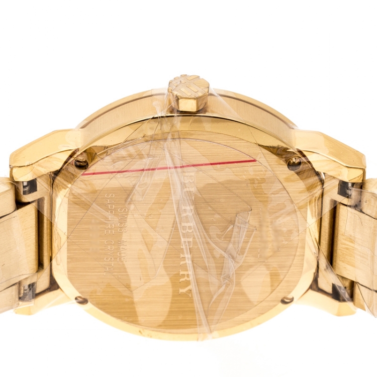 Pre Owned Burberry Gold Check Stamped Gold Plated Stainless Steel The City BU9038 Unisex Wristwatch 38 mm