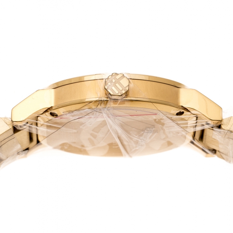 Pre Owned Burberry Gold Check Stamped Gold Plated Stainless Steel The City BU9038 Unisex Wristwatch 38 mm
