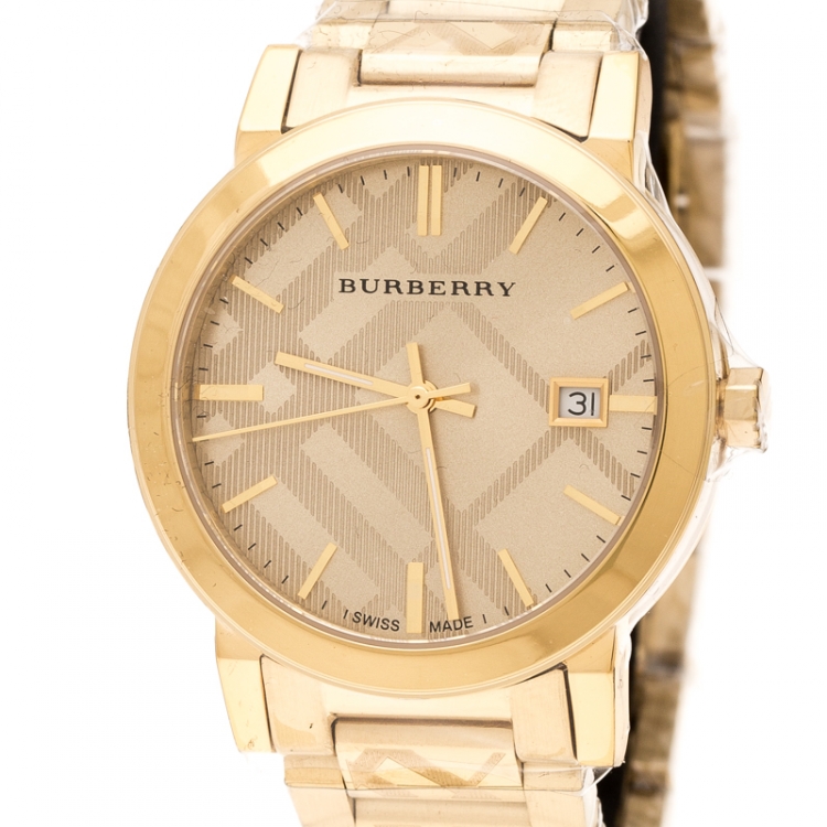 Pre Owned Burberry Gold Check Stamped Gold Plated Stainless Steel The City BU9038 Unisex Wristwatch 38 mm