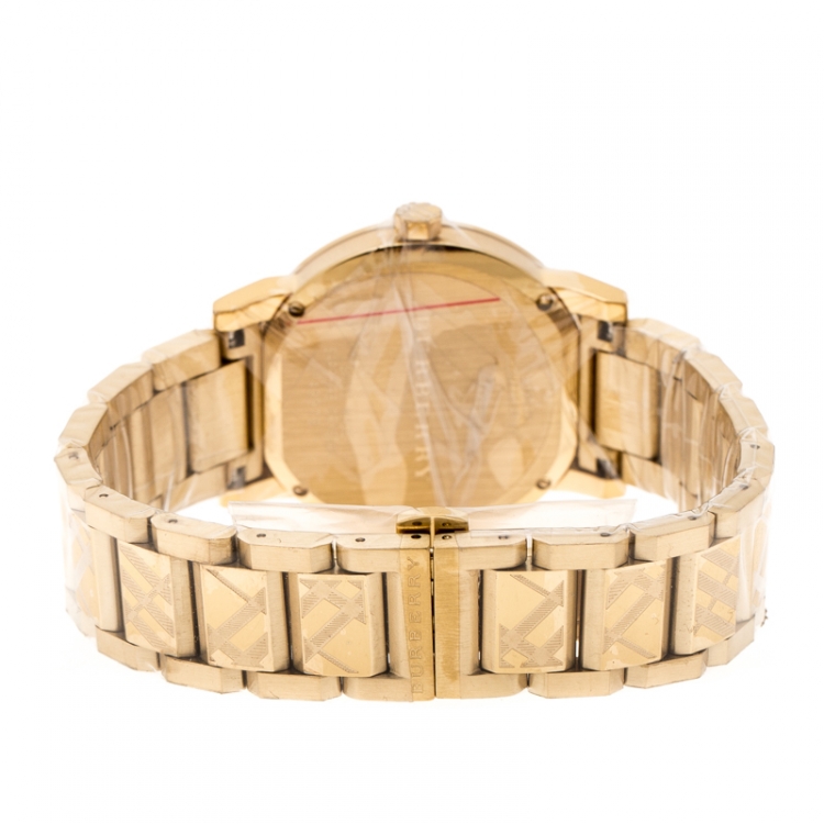 Pre Owned Burberry Gold Check Stamped Gold Plated Stainless Steel The City BU9038 Unisex Wristwatch 38 mm