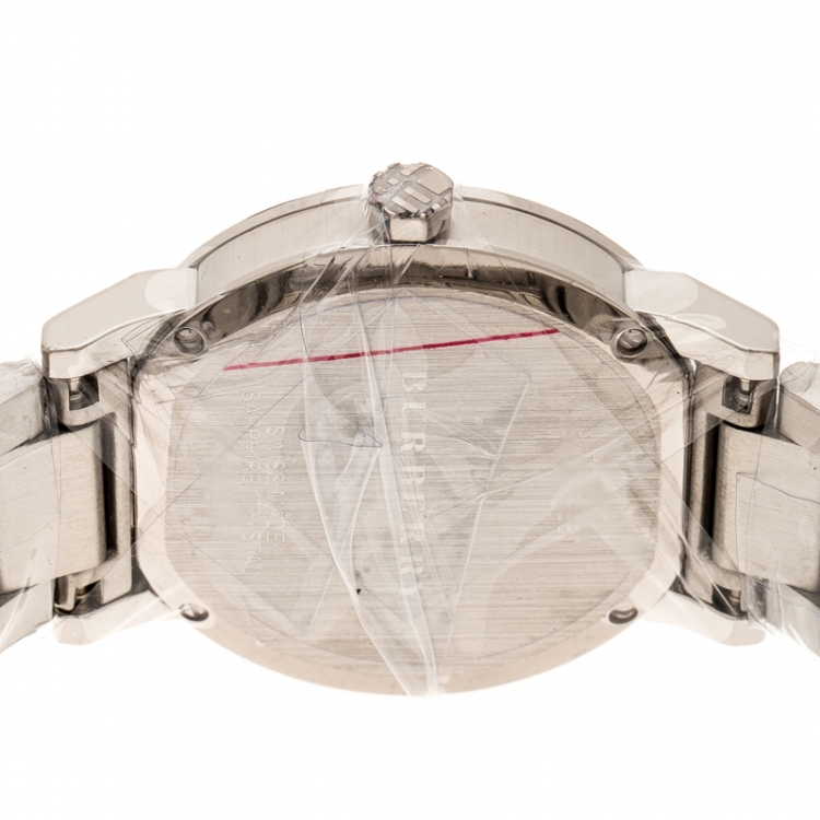 Pre Owned Burberry Silver Check Stamped Stainless Steel The City BU9037 Unisex Wristwatch 38 mm