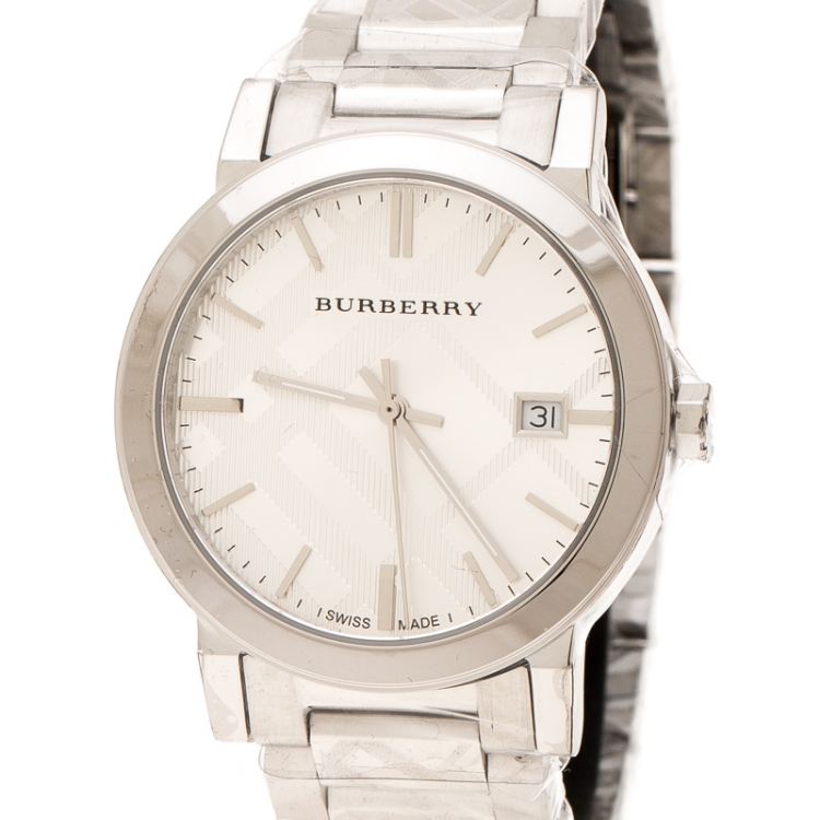 Pre Owned Burberry Silver Check Stamped Stainless Steel The City BU9037 Unisex Wristwatch 38 mm