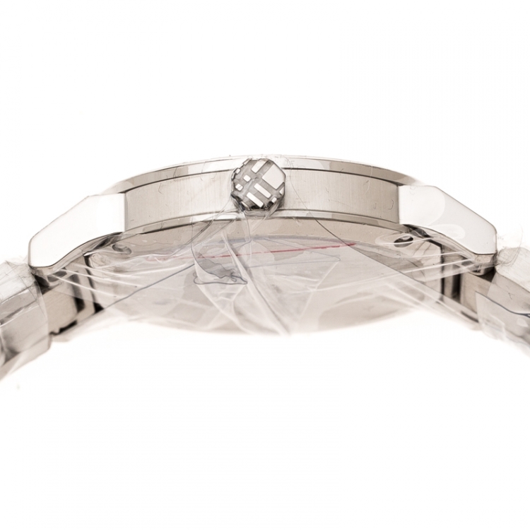 Pre Owned Burberry Silver Check Stamped Stainless Steel The City BU9037 Unisex Wristwatch 38 mm