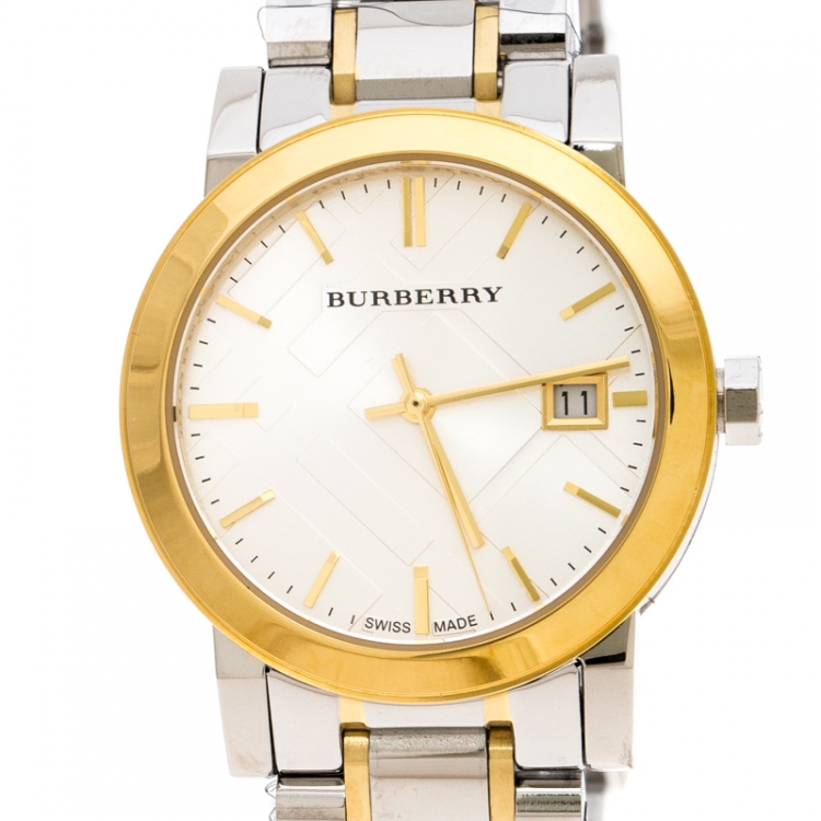 Pre Owned Burberry Silver Gold Plated Stainless Steel BU9115 Women's Wristwatch 34MM