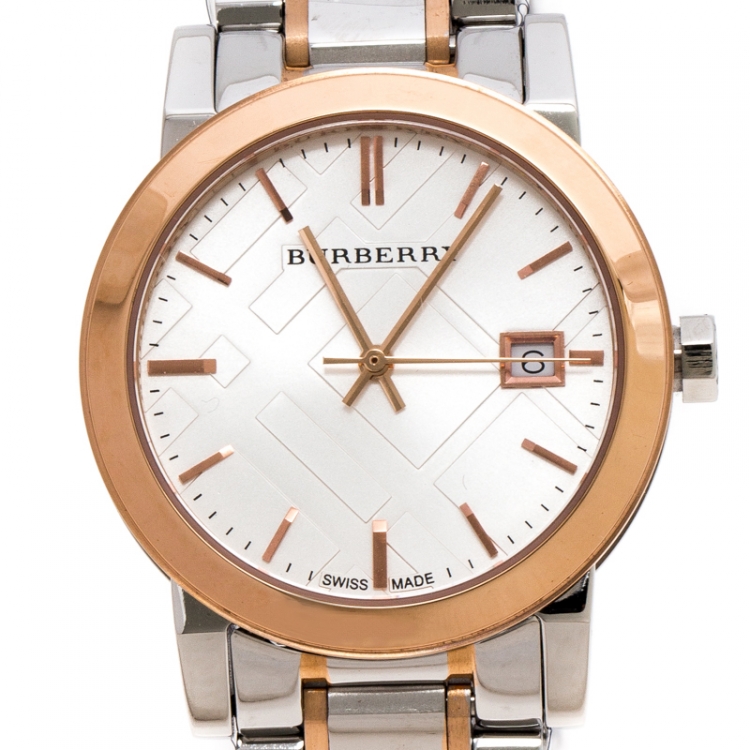 مملوكة مسبقًا Burberry Silver White Two Tone Stainless Steel BU9105 Women's Wristwatch 34 mm