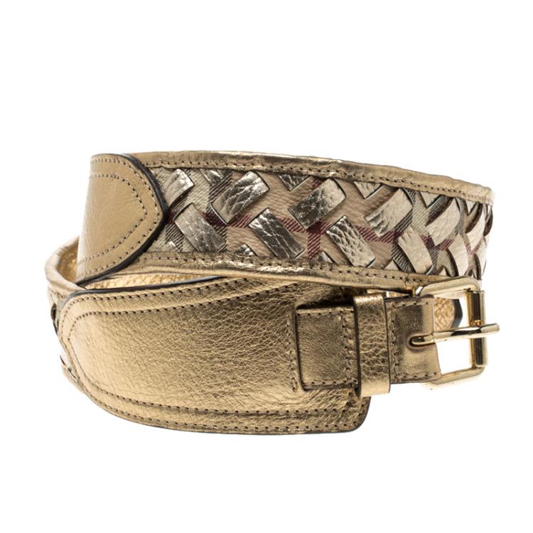 Pre Owned Burberry Gold Haymarket Woven Leather Belt 80cm