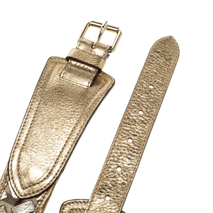 Pre Owned Burberry Gold Haymarket Woven Leather Belt 80cm
