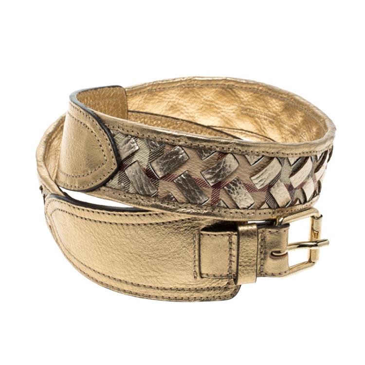 Pre Owned Burberry Gold Haymarket Woven Leather Belt 80cm
