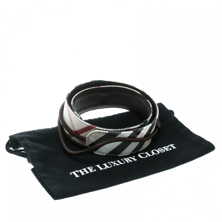 Pre Owned Burberry Off White/Brown Check Fabric and Leather Rope Detail Belt 80 cm