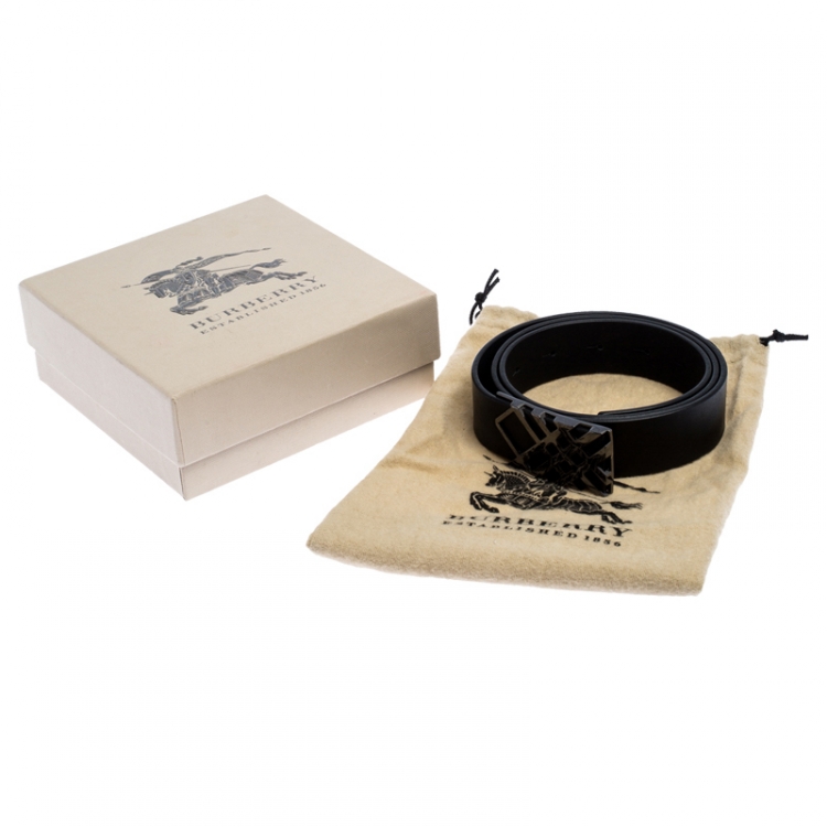 مملوكة مسبقًا Burberry Black Leather Check Buckle Belt 80CM