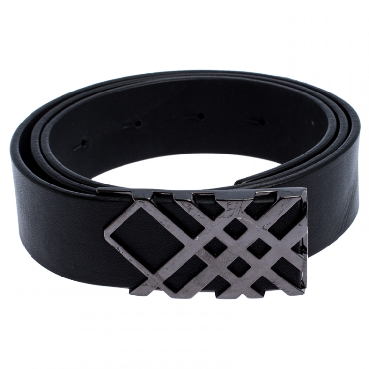 مملوكة مسبقًا Burberry Black Leather Check Buckle Belt 80CM