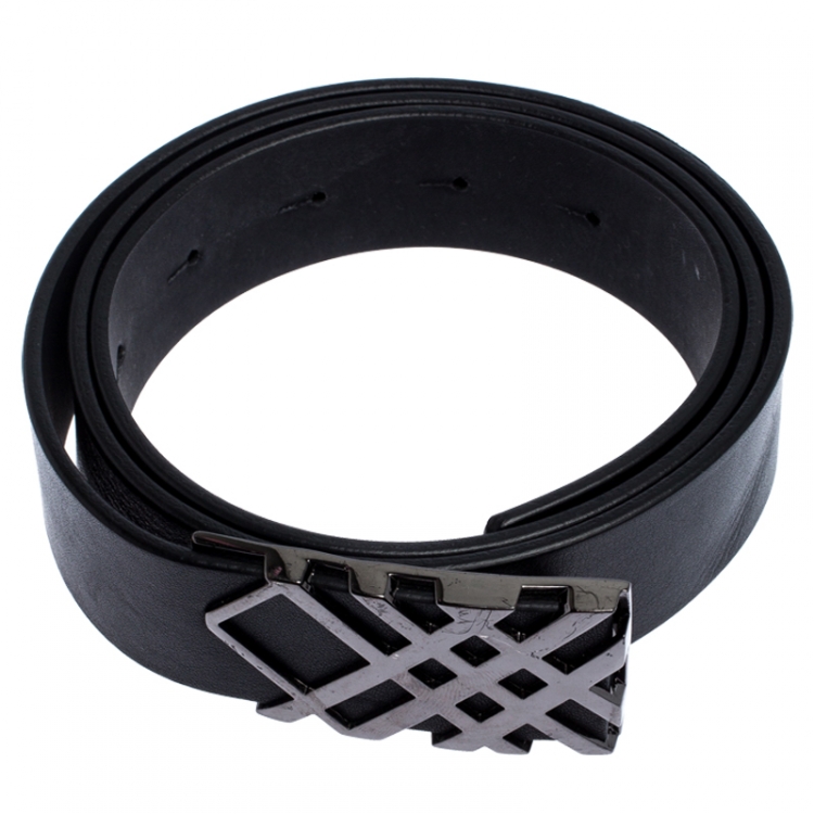 مملوكة مسبقًا Burberry Black Leather Check Buckle Belt 80CM