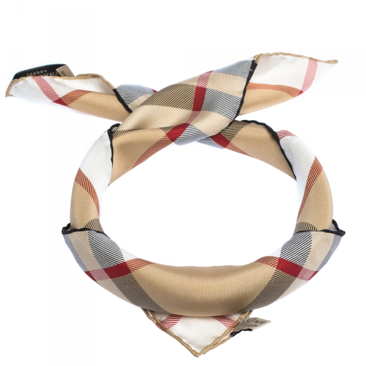 Pre Owned Burberry Beige House Check Print Silk Square Scarf