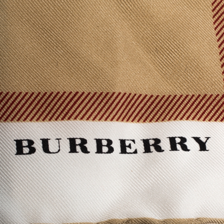 Pre Owned Burberry Beige House Check Print Silk Square Scarf