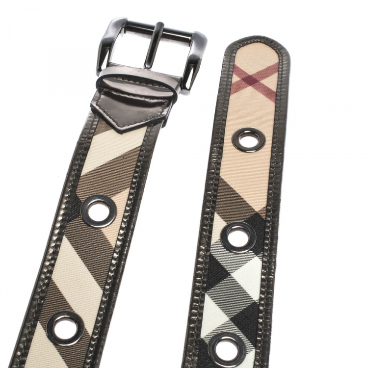 Pre Owned Burberry Metallic/Beige Check PVC and Patent Leather Eyelet Buckle Belt 80CM 