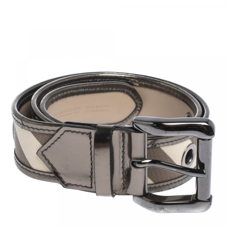 Pre Owned Burberry Metallic/Beige Check PVC and Patent Leather Eyelet Buckle Belt 80CM 