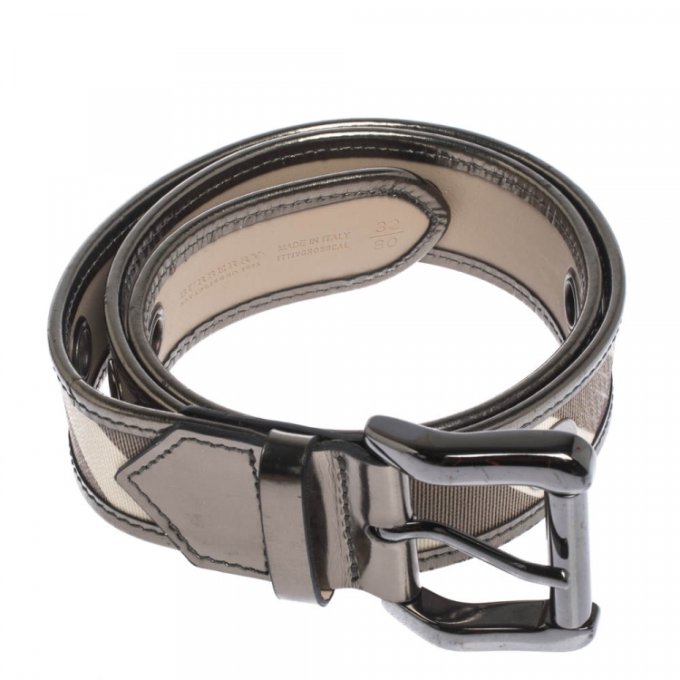Pre Owned Burberry Metallic/Beige Check PVC and Patent Leather Eyelet Buckle Belt 80CM 