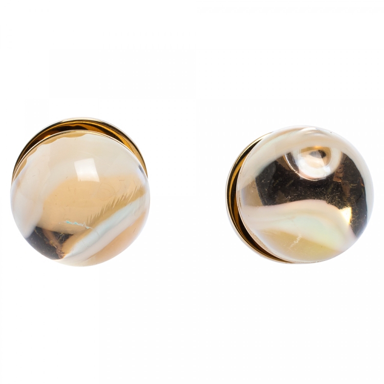 Pre Owned Burberry Marbled Resin Sphere Gold Tone Stud Earrings 