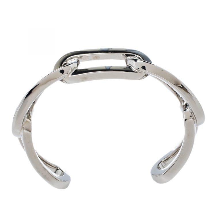 Pre Owned Burberry Chain Link Motif Palladium Plated Open Cuff Bracelet M