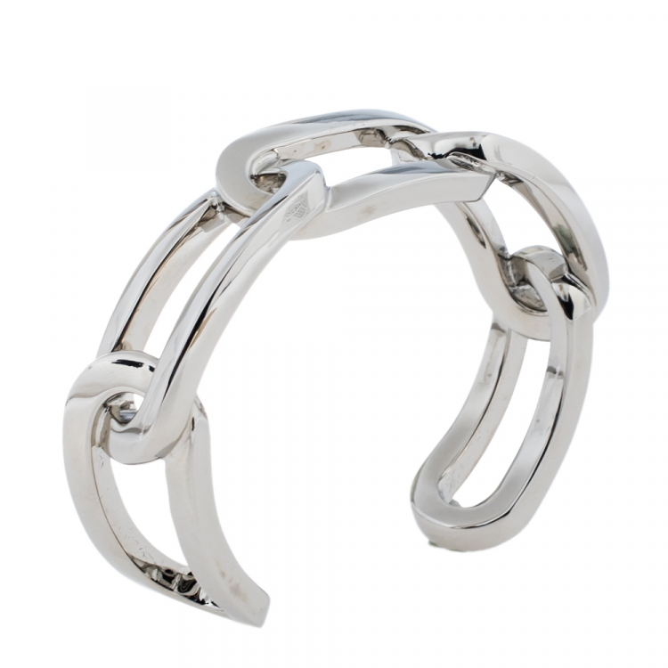 Pre Owned Burberry Chain Link Motif Palladium Plated Open Cuff Bracelet M