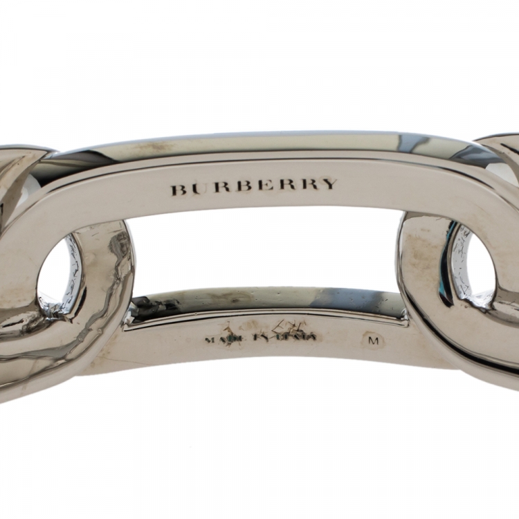 Pre Owned Burberry Chain Link Motif Palladium Plated Open Cuff Bracelet M