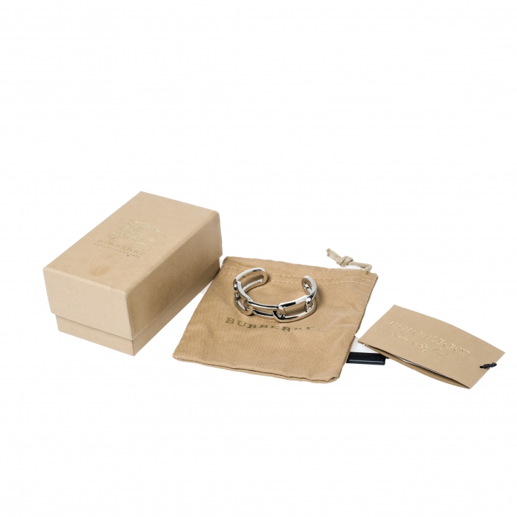 Pre Owned Burberry Chain Link Motif Palladium Plated Open Cuff Bracelet M