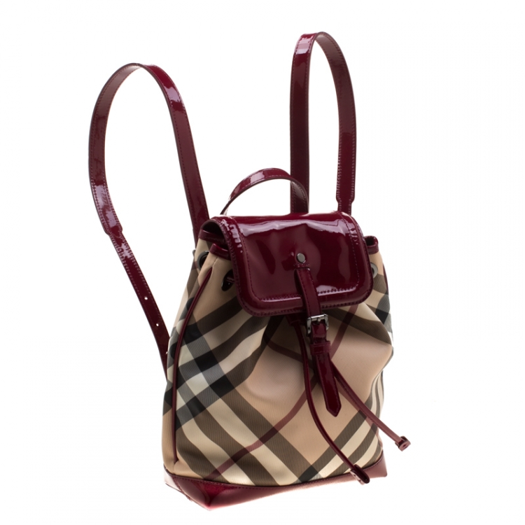 Pre Owned Burberry Beige/Red PVC and Patent Leather Backpack